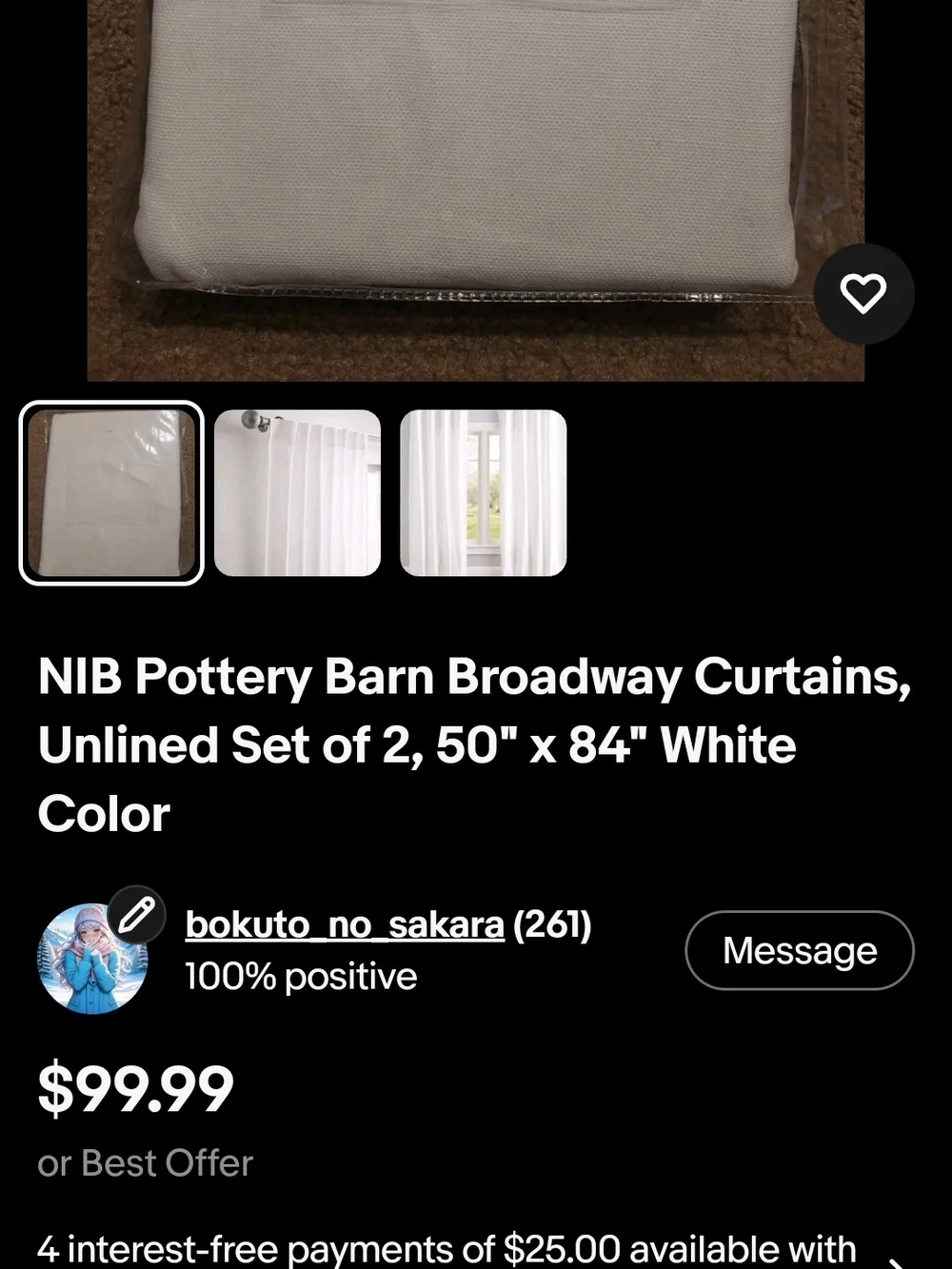 NIB Pottery Barn White Broadway Curtains Unlined Set Of Two 50